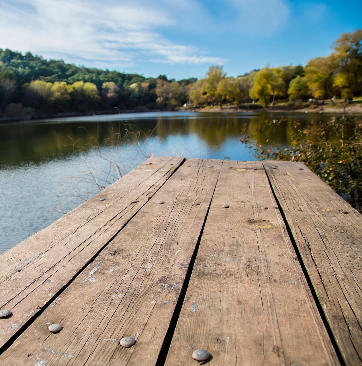 a wooden dock overlooking a lake with trees in the background