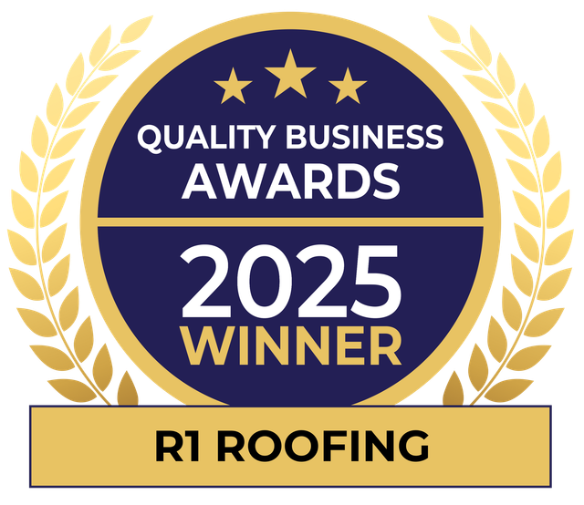 Quality Business Awards 2025 winner badge for R1 Roofing, featuring a gold and navy design with a laurel wreath.