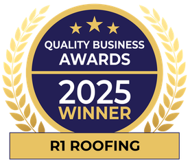 Quality Business Awards 2025 winner badge for R1 Roofing, featuring a gold and navy design with a laurel wreath.