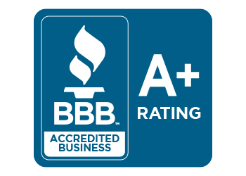 BBB Accredited Business logo with a blue background, a white flame and "A+" rating.