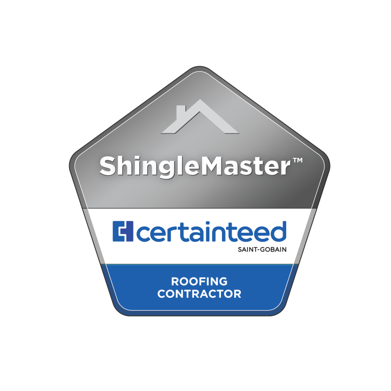 ShingleMaster logo: Gray and blue pentagon, white text, CertainTeed branding, and "Roofing Contractor".