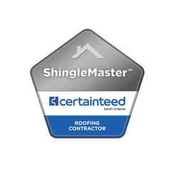 ShingleMaster logo: Gray and blue pentagon, white text, CertainTeed branding, and "Roofing Contractor".