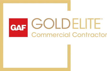 GAF Gold Elite Commercial Contractor logo with a red square, gold text, and gold border.