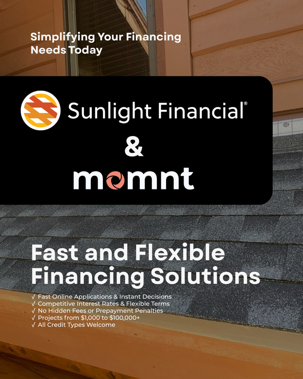 Sunlight Financial & momnt advertisement for financing solutions against a house background.