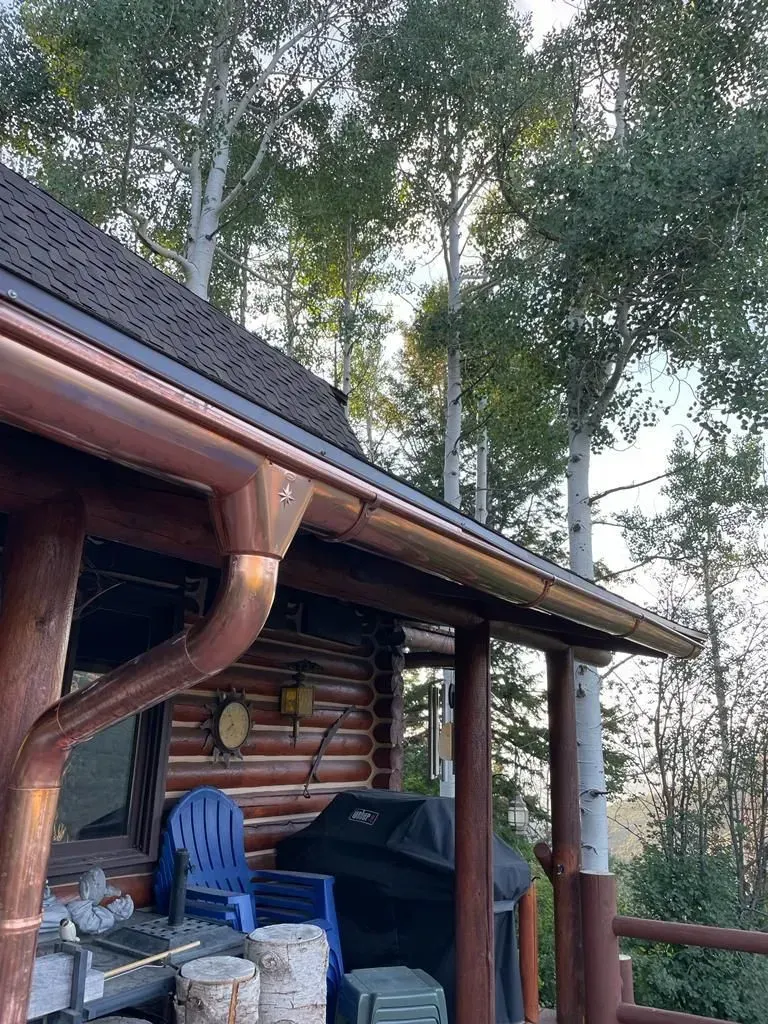 View of a multi-colored asphalt shingle roof, with trees and a mountain in the background under a blue sky.