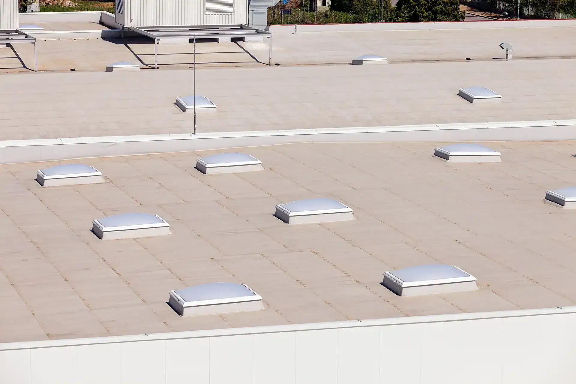 Flat commercial roof with multiple skylights and HVAC equipment.