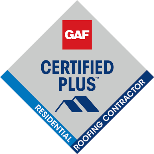 GAF Certified Plus residential roofing contractor logo. Diamond shape, gray background, blue and red accents.