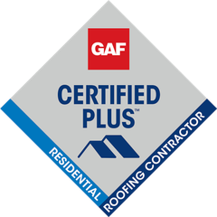 GAF Certified Plus residential roofing contractor logo. Diamond shape, gray background, blue and red accents.