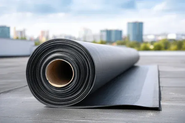 Roll of black roofing material on a flat roof, city skyline in the background.
