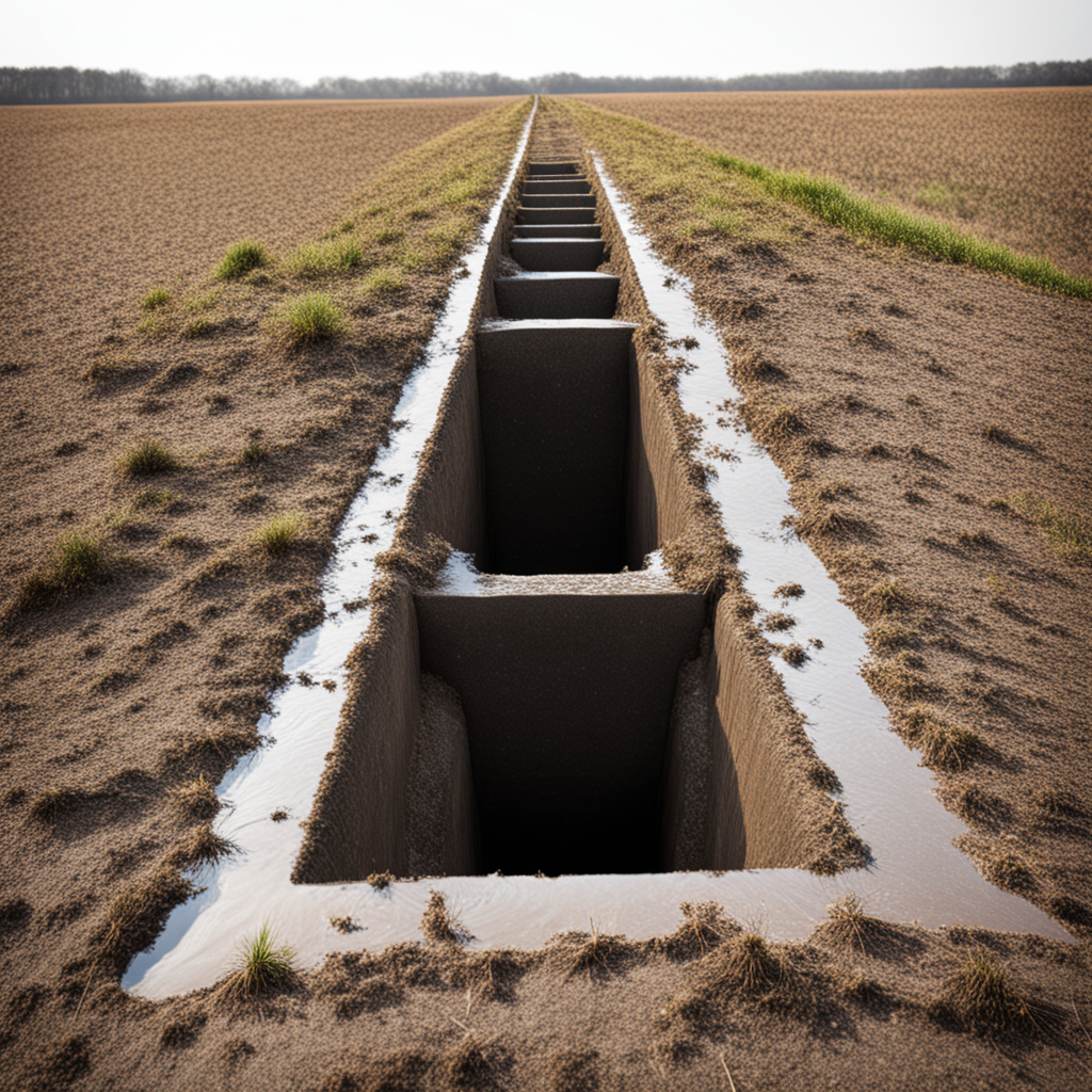Long trench with open concrete structures in a field, water along the edges.