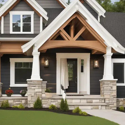A house with a black front door, stone columns, and brown and white trim.