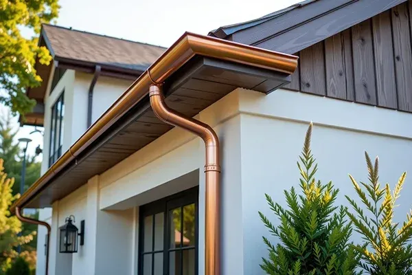Copper gutters on a white house, with dark trim and a small evergreen bush.