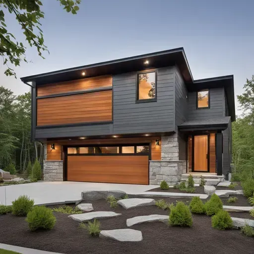 Modern two-story house with wood and gray siding, stone accents, and a landscaped front yard.