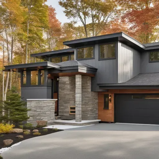 Modern gray house with stone accents and a concrete driveway surrounded by trees in autumn.