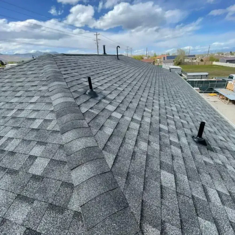 Gray asphalt shingle roof on a sunny day. Two black pipes and electrical lines are visible.