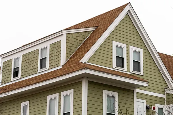 Green house with brown roof and white window frames.