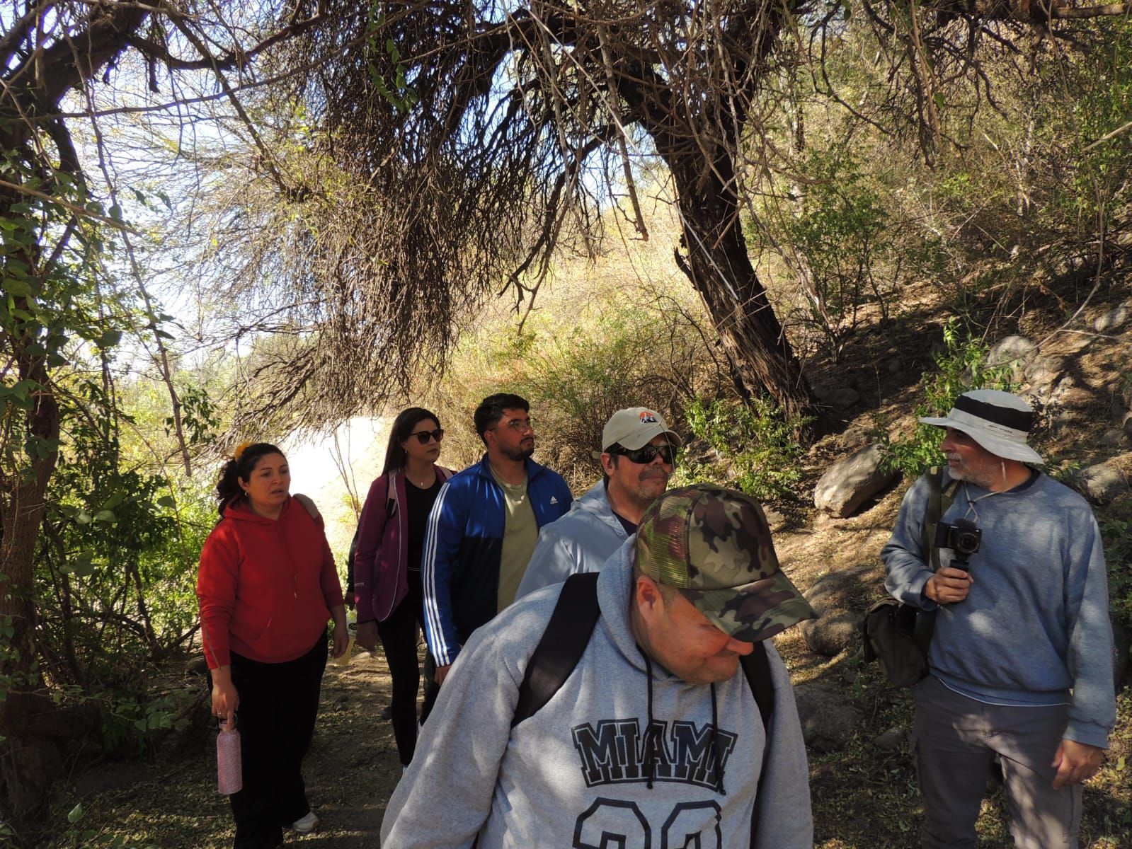 Un grupo de personas camina por un sendero en una zona boscosa. Algunos observan algo a un lado.