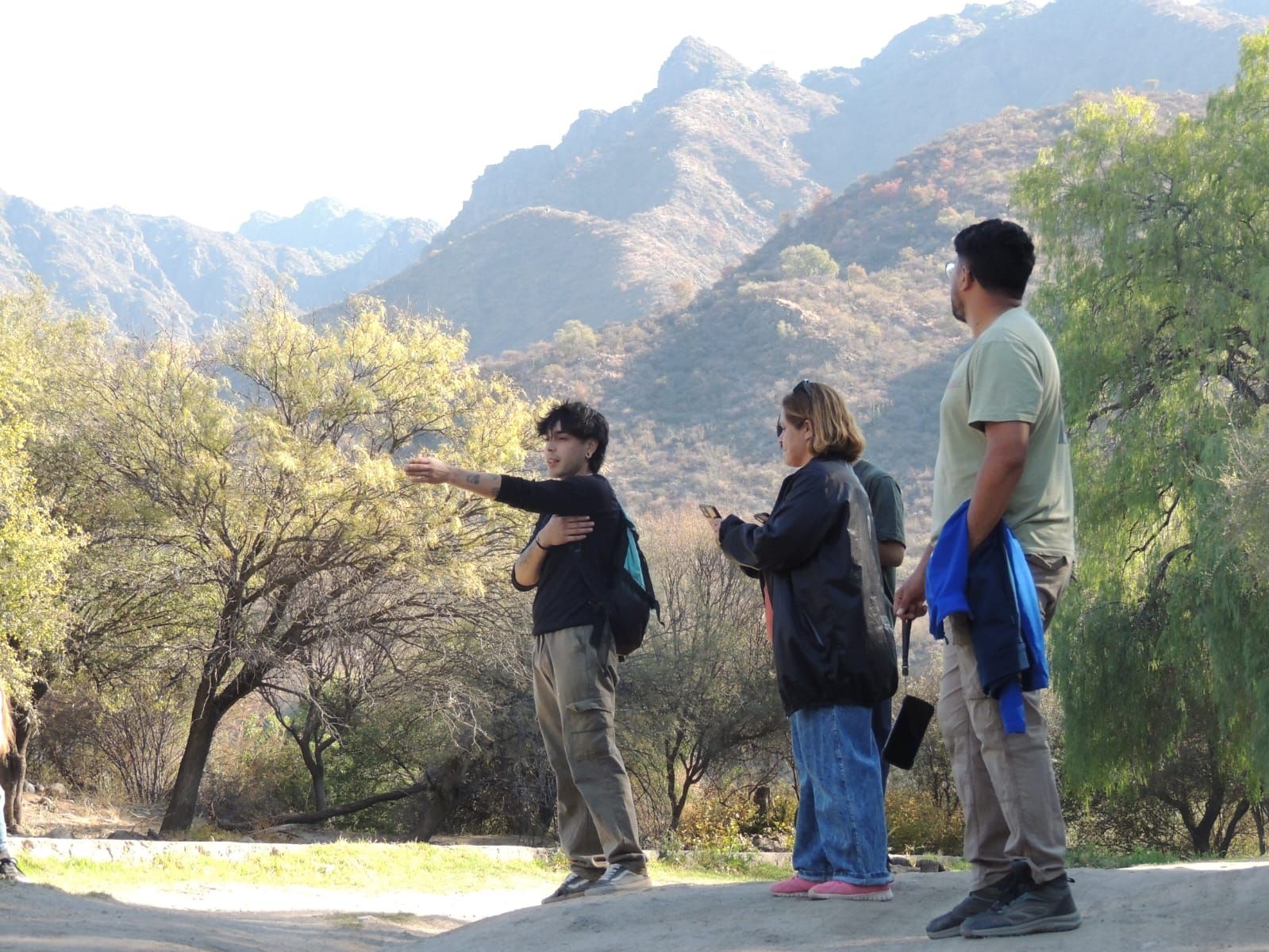 Grupo de personas mirando las montañas, uno señalando, al aire libre.