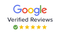 A google verified reviews logo with five stars and a check mark.