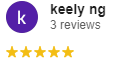 A purple circle with the words keely ng 3 reviews on it.