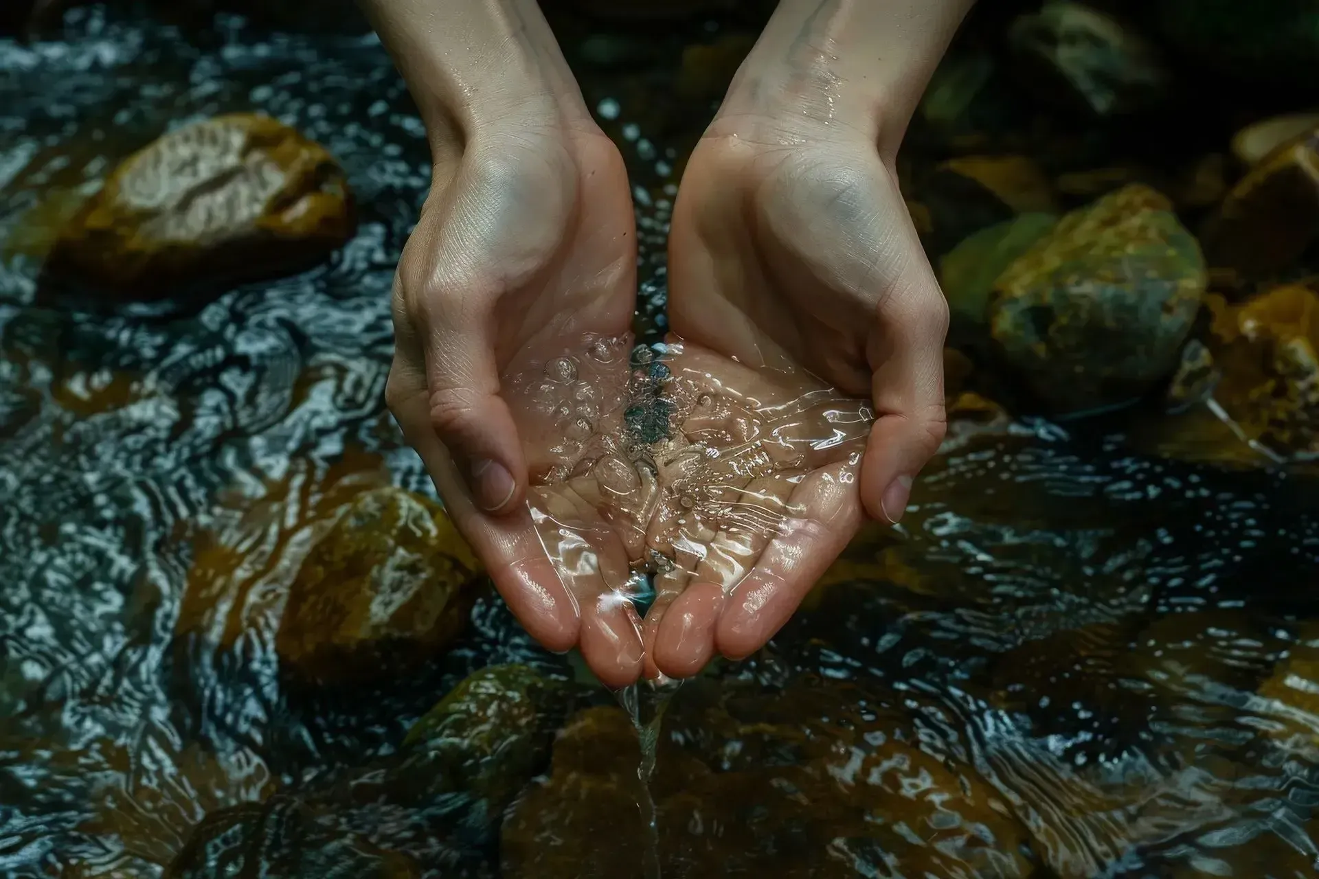 person holding water over a small stream