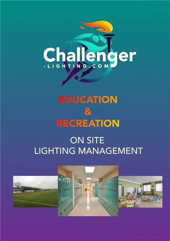 Challenger Lighting ad with a torch logo, and photos of a sports field, hallway, and classroom.