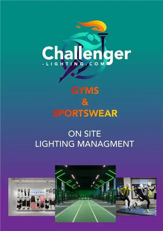 Challenger lighting ad for gyms & sportswear. Features photos of lit spaces & logo with flame.
