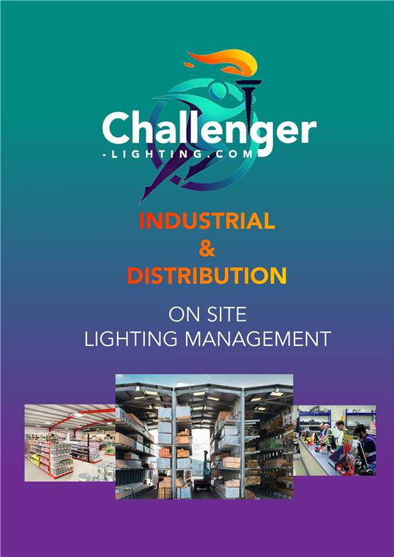 Challenger Lighting advertisement: industrial & distribution lighting solutions, with photos of warehouse interiors.