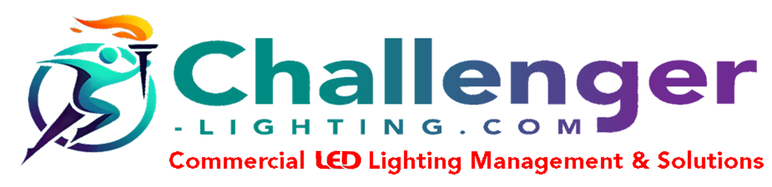 Challenger Lighting logo: A torch, runner, and text with a blue to purple gradient, and 