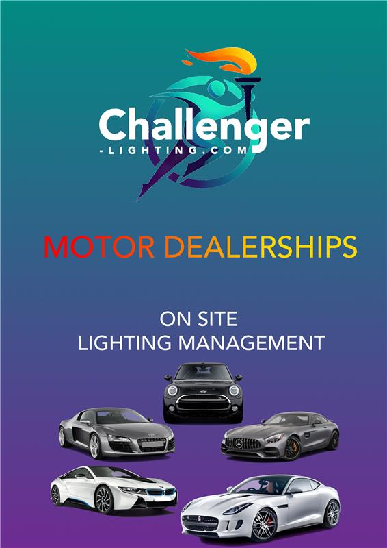 Challenger Lighting ad for motor dealerships, showing cars with website logo on a gradient background.