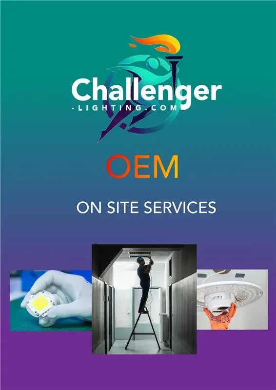 Challenger lighting OEM services advertisement. Technician installs lights, inspecting a light component.
