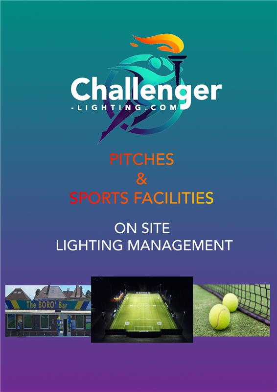 Challenger Lighting ad: Sports pitches & facilities lighting. Website address & photos of lit areas.