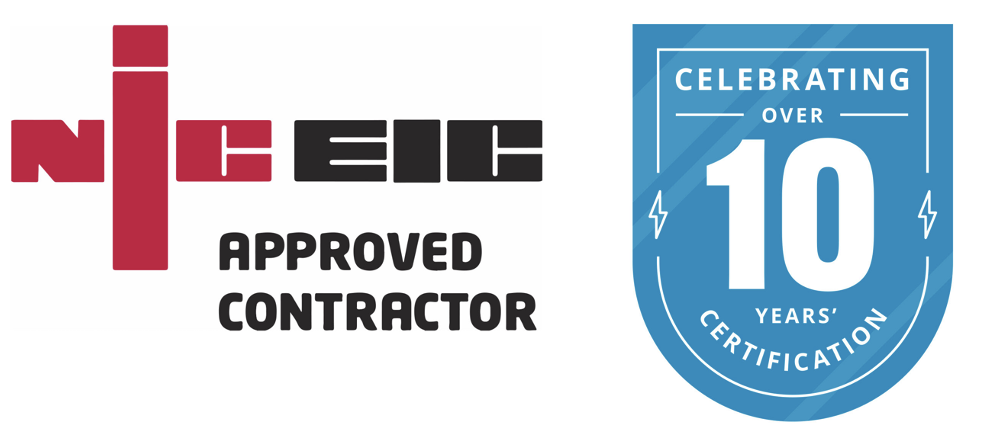 Logo of NICEIC Approved Contractor, celebrating over 10 years certification.