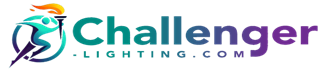 Logo for Challenger Lighting, featuring a runner with a torch, and the company name.