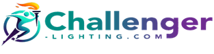 Logo of Challenger Lighting with a torch-bearing athlete and the company name.