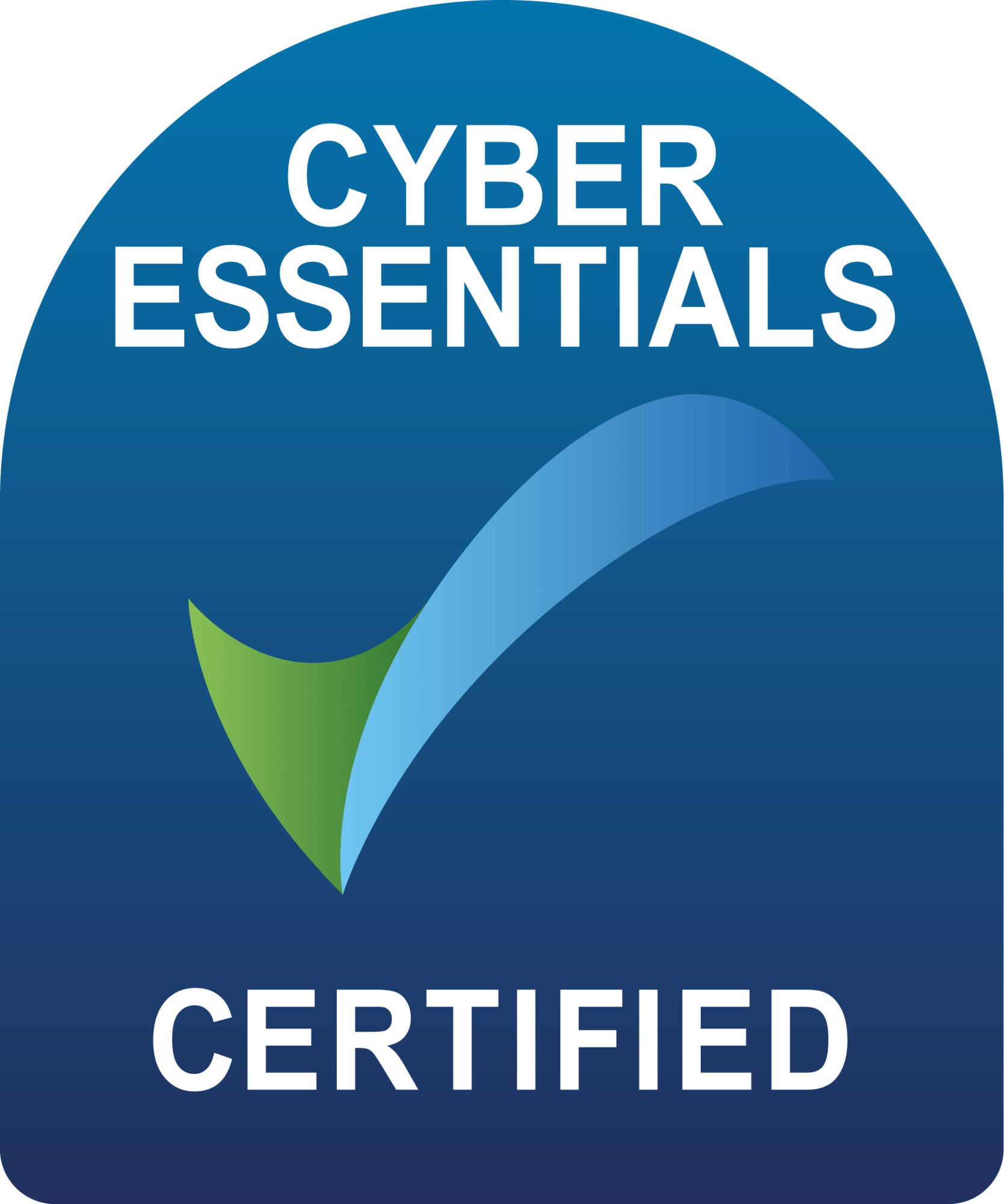 Cyber Essentials Certified badge, blue background, white text, green and blue check mark.