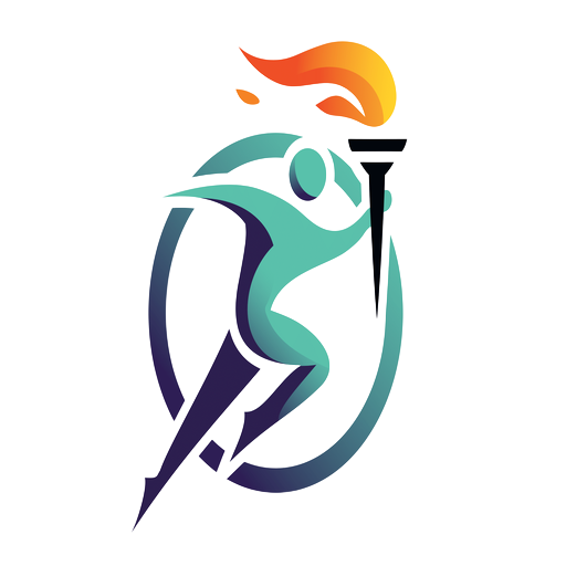 A stylized figure in motion holding a torch, within a blue and purple ring.