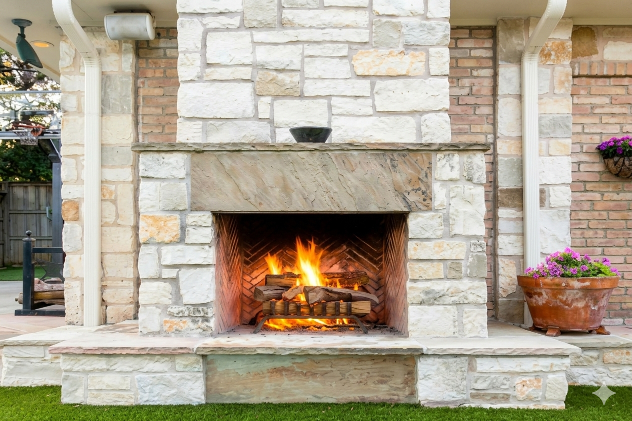 A stone outdoor fireplace with a burning fire, set against a brick wall with potted flowers nearby.
