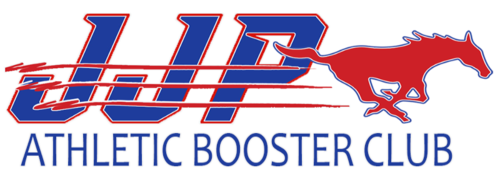 Logo for an athletic booster club with blue initials and a red running mustang.