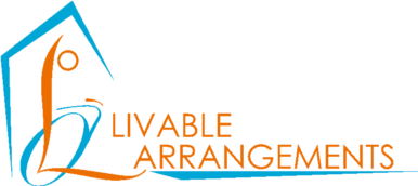 Logo with teal house shape and stylized orange 