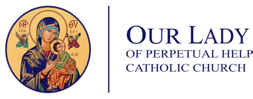 Logo of Our Lady of Perpetual Help Catholic Church: Icon of Mary and baby Jesus with church name.