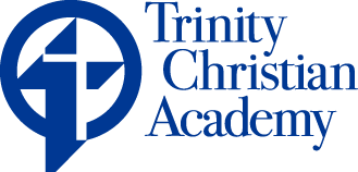 Blue logo for Trinity Christian Academy, with a cross inside a circle, and the school name.