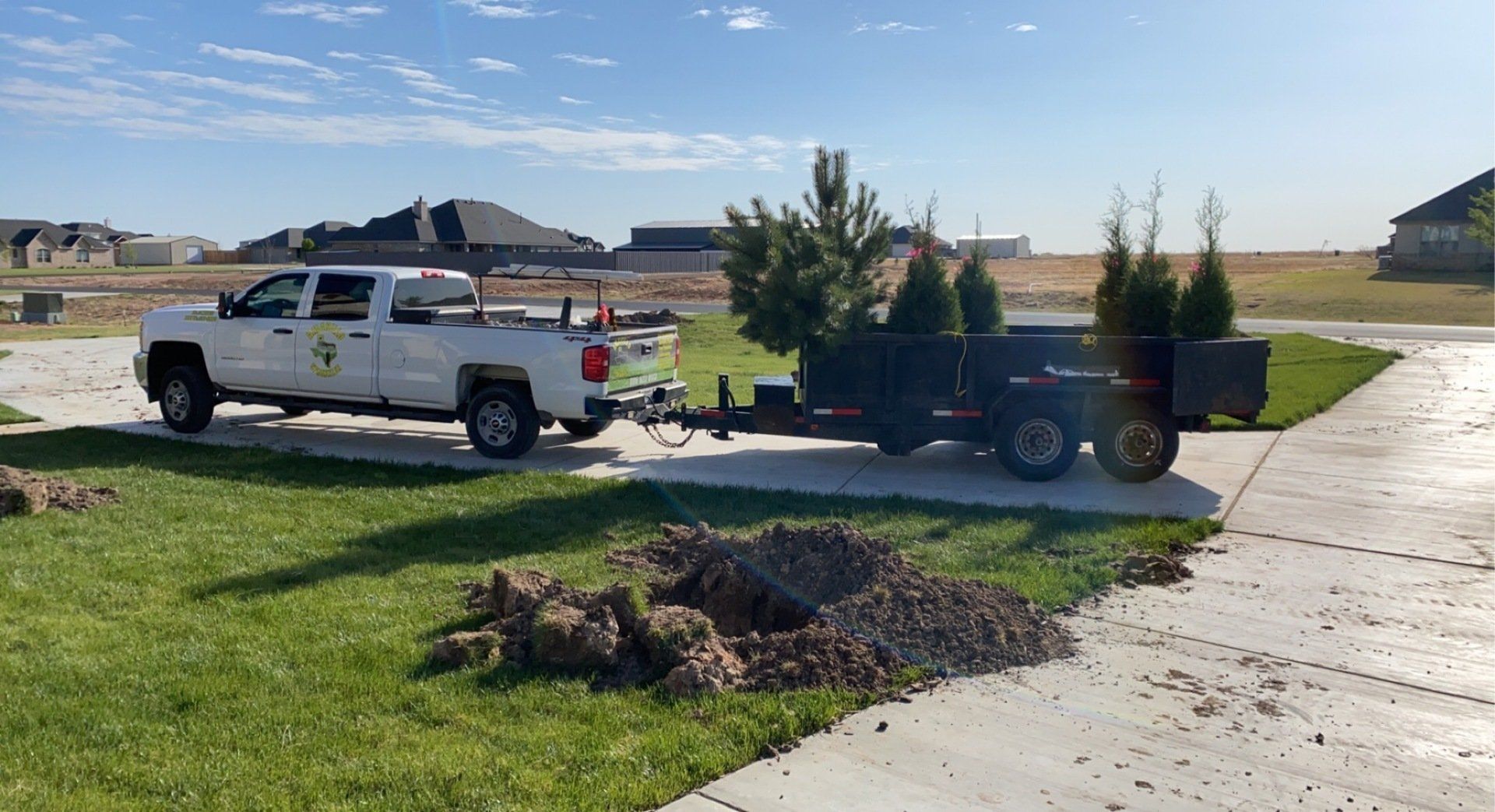 A white truck is pulling a trailer with trees on it.