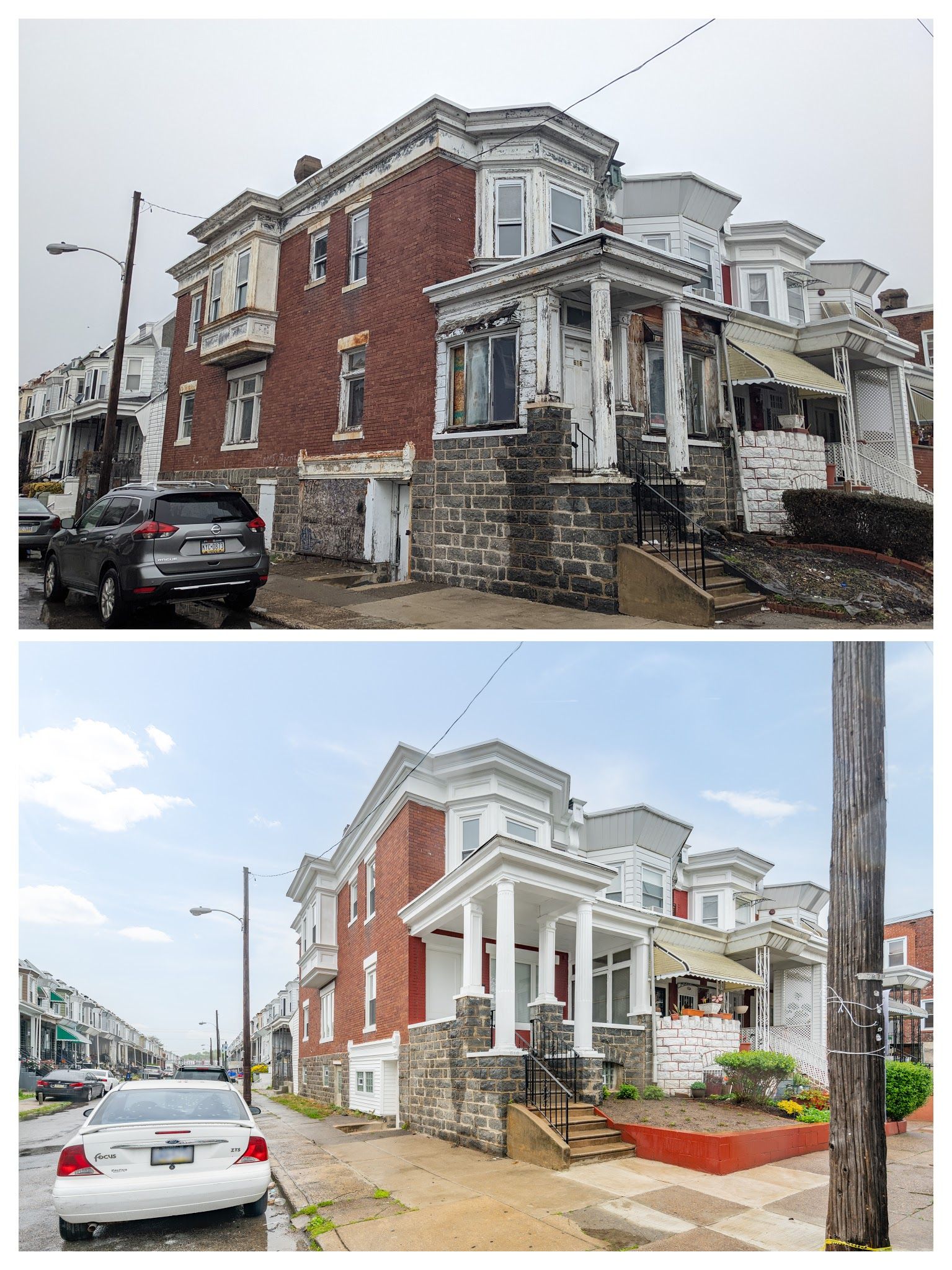 A before and after photo of a brick house with a car parked in front of it.