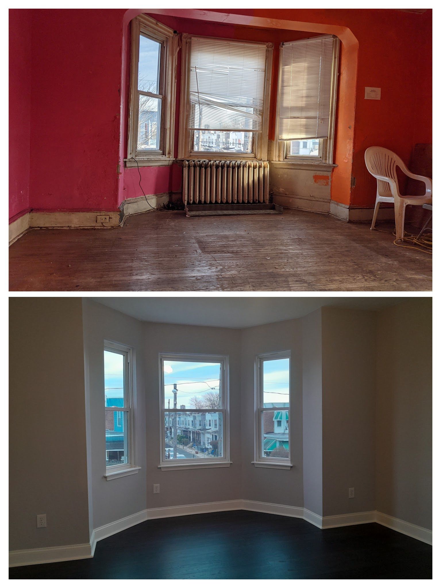 A before and after photo of a living room with a chair.