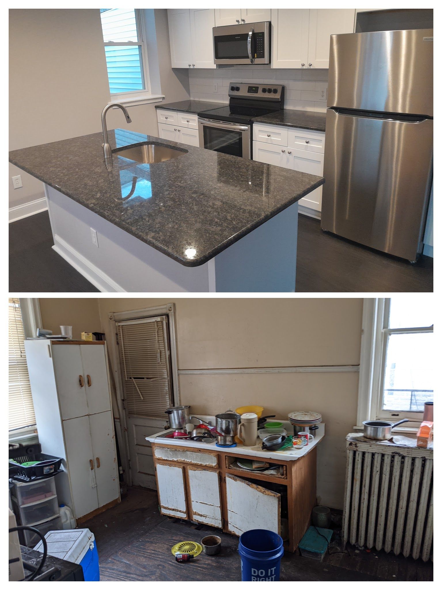 A before and after photo of a kitchen with granite counter tops and stainless steel appliances.