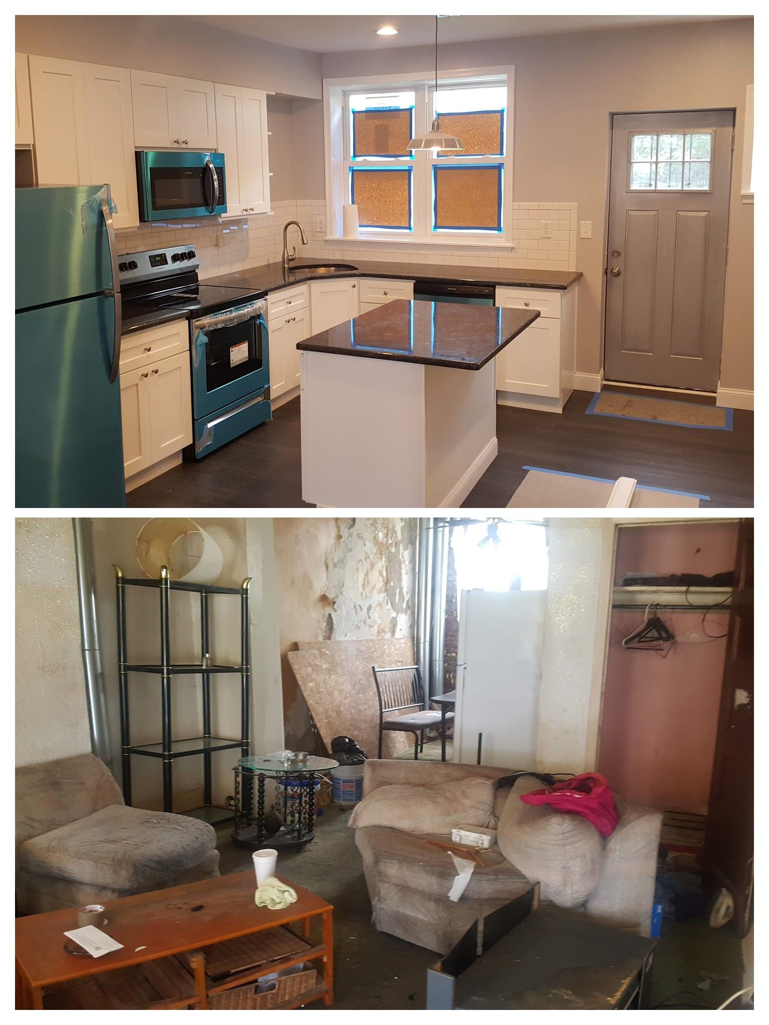 A before and after photo of a kitchen and living room.