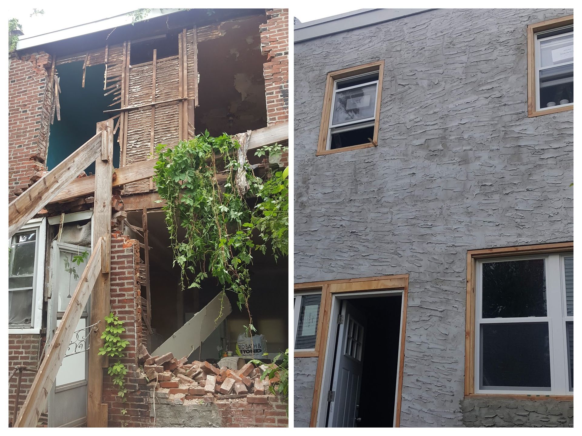 A before and after photo of a brick building