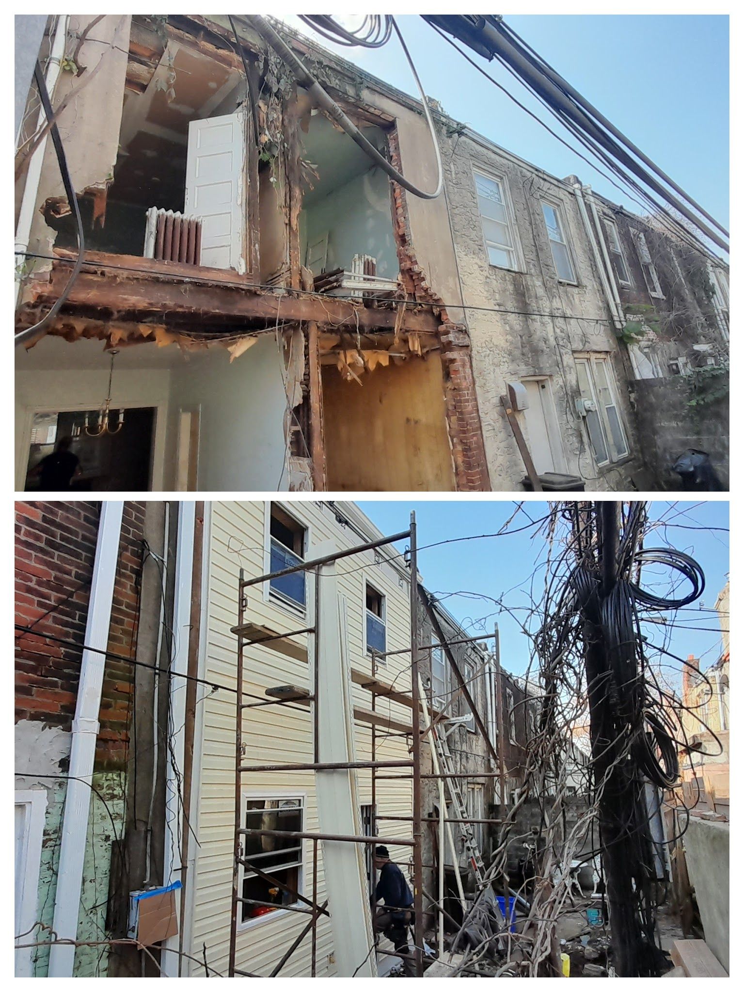 A before and after picture of a building being demolished.