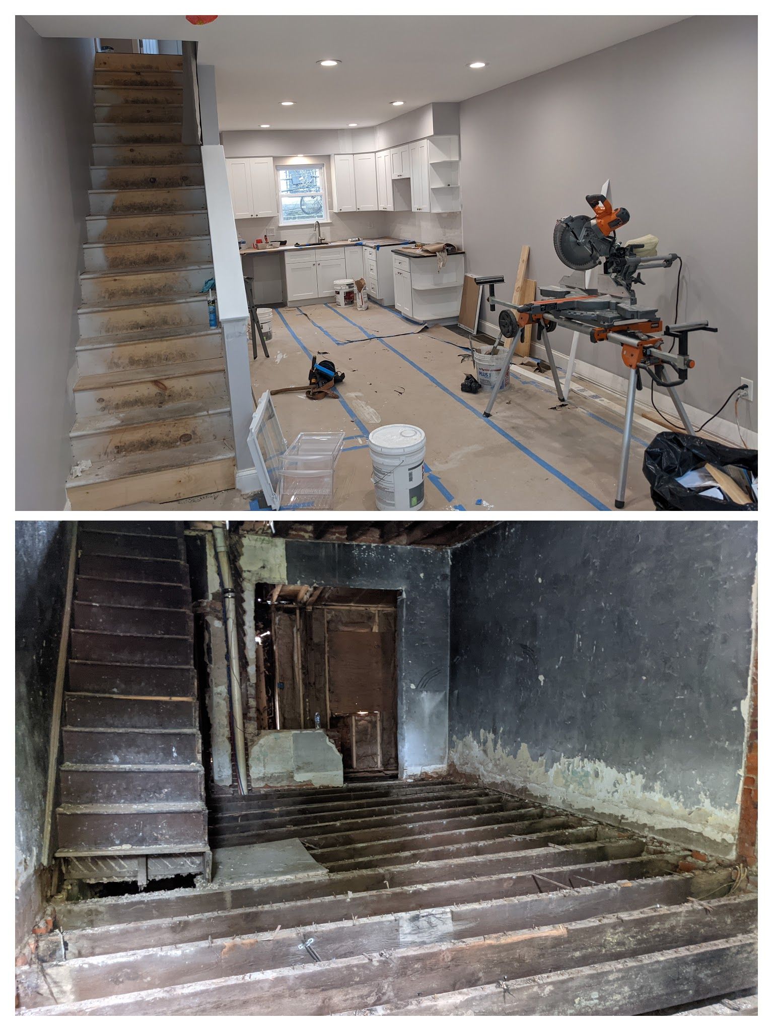 A before and after picture of a house under construction.
